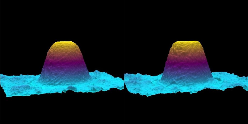 Two images of about 40 µm diameter pillars made with the exact same process (2 m/s scan speed), executed with a standard / 308 kHz pixel clock (left) and using the fast pixel mode (right)